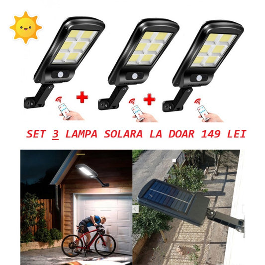 3x Lampa cu incarcare solara LED, senzor de miscare + telecomanda